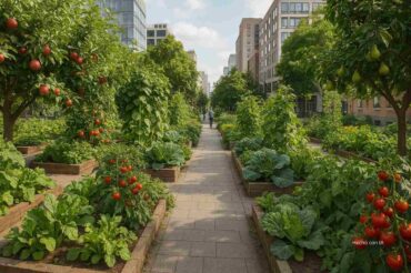 Imagen de una ciudad que apuesta por cultivar bosques comestibles en sus calles, se pueden ver las matas de tomate y otros vegetales y frutas