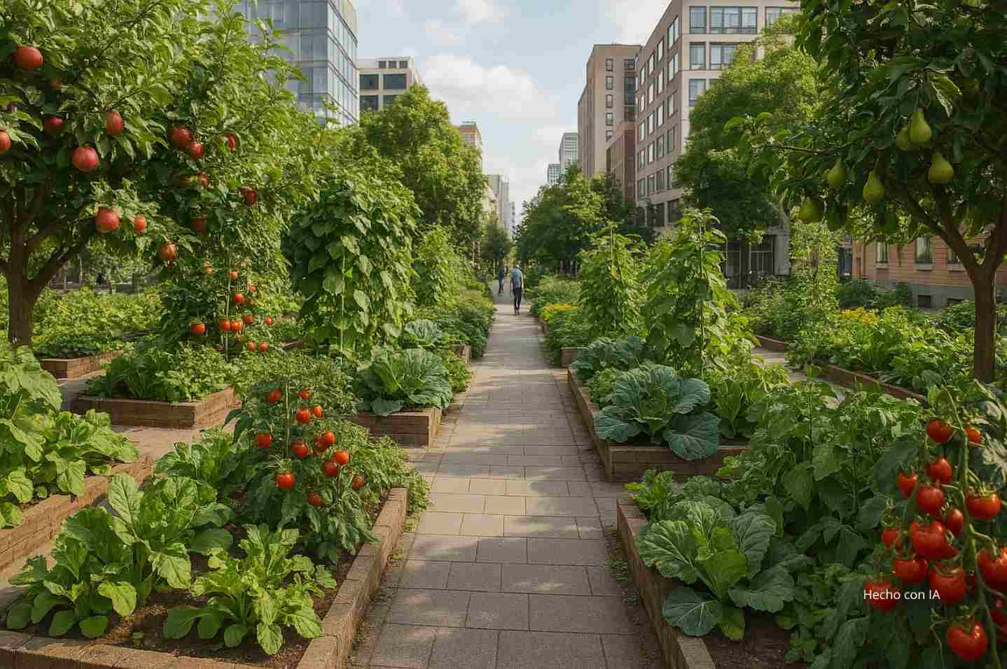 Imagen de una ciudad que apuesta por cultivar bosques comestibles en sus calles, se pueden ver las matas de tomate y otros vegetales y frutas
