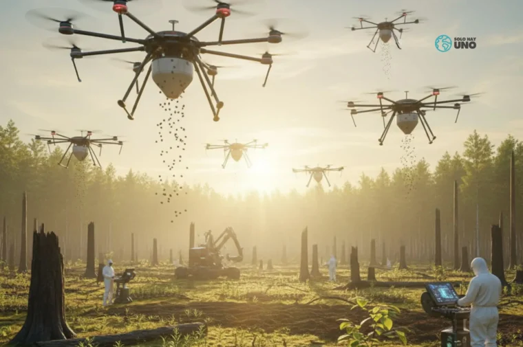 Reforestación con drones en bosque quemado