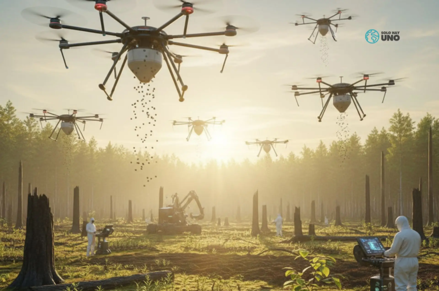 Reforestación con drones en bosque quemado