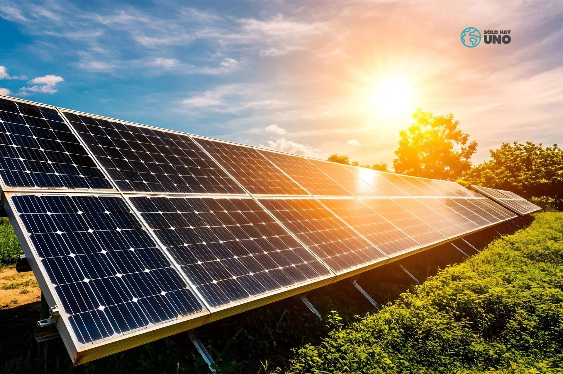 energy sharing o compartir energía, artículo que habla y explica el concepto. En la imagen se ven en primer plano unas placas solares y un sol naranja brillante incidiendo sobre ellas