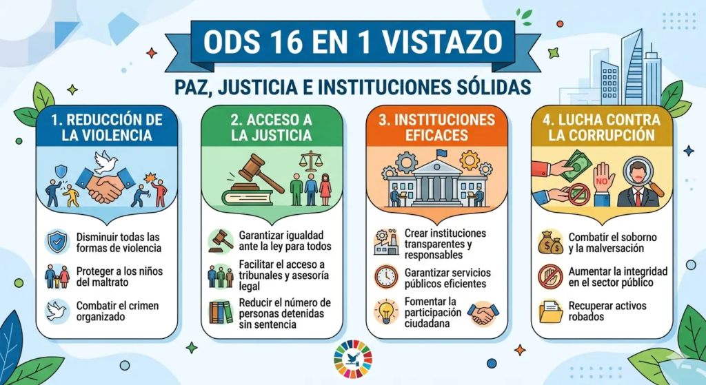 ODS 16: qué es, por qué es el más incómodo de la agenda y en qué punto estamos Sostenibilidad - Solo Hay Uno Infografía sobre el ODS 16 Paz Justicia e Instituciones Fuertes