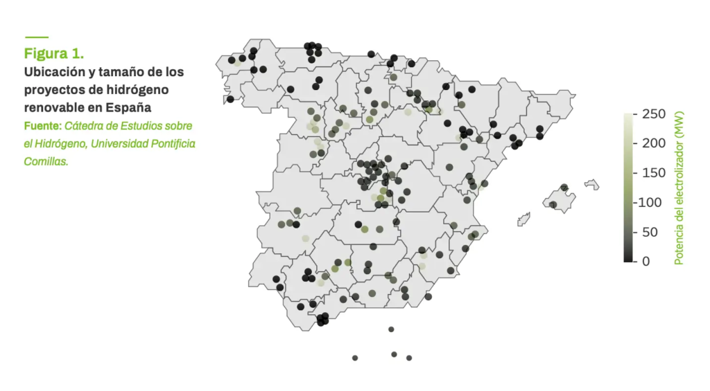Mapa con la ubicación de los proyectos de hidrógeno renovable en España