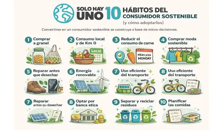 Infografía con los 10 hábitos para ser un consumidor sostenible