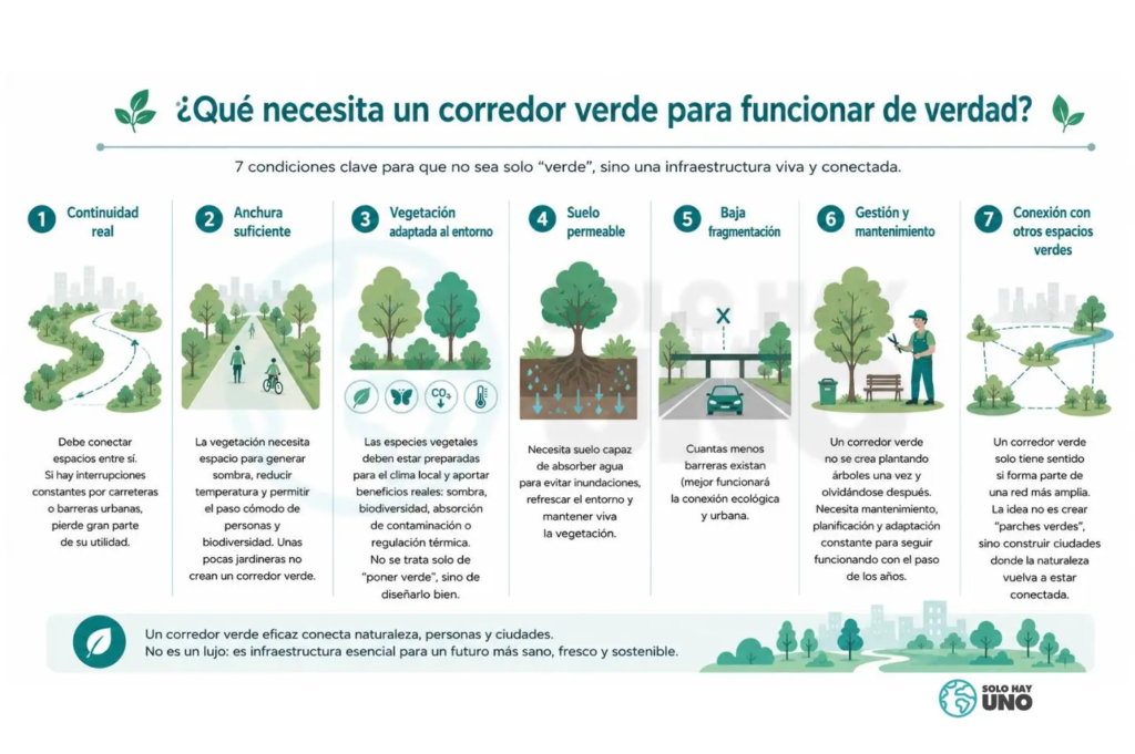 ¿Qué son los corredores verdes? y por qué los necesitamos Sostenibilidad - Solo Hay Uno Infografía con las 7 claves más importantes que necesita un corredor verde para funcionar