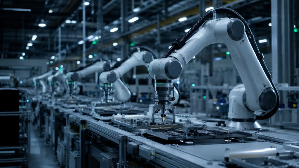 Ejemplo de línea de producción industrial con robots colaborativos en una smart factory