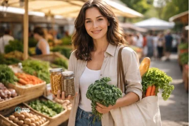 consumidor sostenible ejemplo gráfico de persona comprando en un mercado minorista