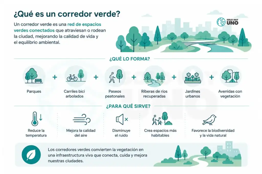 ¿Qué son los corredores verdes? y por qué los necesitamos Sostenibilidad - Solo Hay Uno infografía sencilla para explicar de forma visual qué son los corredores verdes