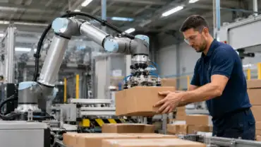 Que son los cobots y como nos ayudan - Operario trabajando en una línea de producción ayudado por un cobot