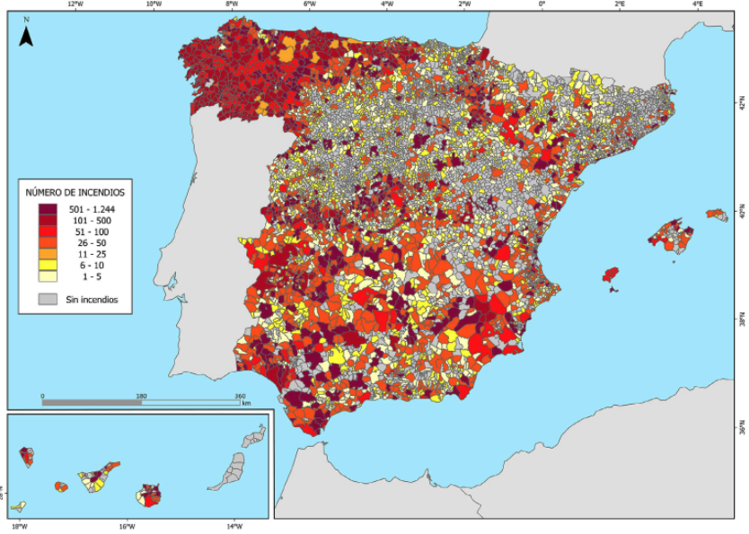 Un mapa para entender un problema: la desertificación Sostenibilidad - Solo Hay Uno Frecuencia de incendios por municipios en España mapa gráfico
