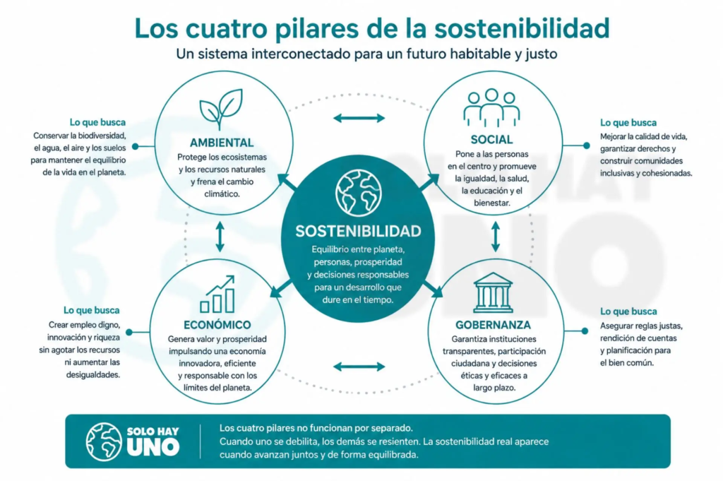 Los cuatro pilares de la sostenibilidad, bien explicados Sostenibilidad - Solo Hay Uno Los cuatro pilares de la sostenibilidad