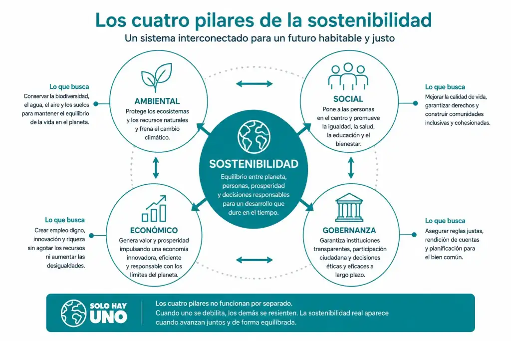 Los cuatro pilares de la sostenibilidad, bien explicados Sostenibilidad - Solo Hay Uno Los cuatro pilares de la sostenibilidad infografia