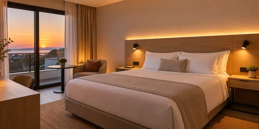 Hoteles sostenibles: qué buscar, qué preguntar y cómo no dejarte engañar por el greenwashing Sostenibilidad - Solo Hay Uno Imagen hecha con IA de una habitación de hotel al atardecer iluminada con luces led - Ahora una imagen sencilla del mismo tamaño para ilustrar "En tu casa no lavas las toallas cada día y en un hotel tampoco es necesario que tengas toallas limpias a diario" hiperrealista, pueden ser un juego de toallas y albornoz en un baño de lujo de un hotel