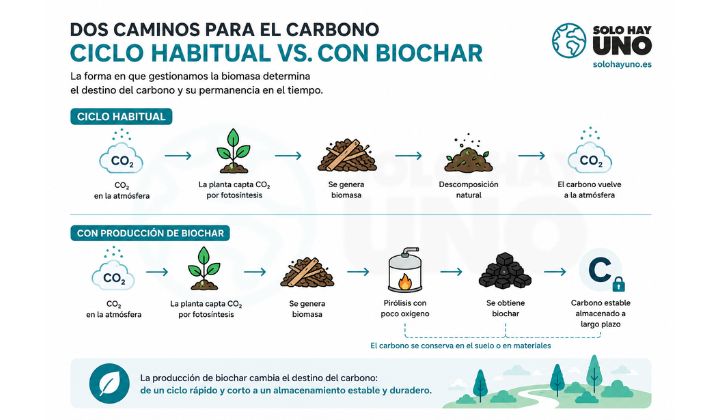 Biochar, ¿qué es y cómo convierte residuos en carbono estable? Sostenibilidad - Solo Hay Uno Ciclo del co2 mediante biochar