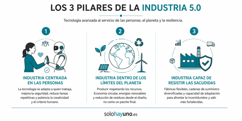 Industria 5.0, la fábrica que vuelve a mirar a las personas Sostenibilidad - Solo Hay Uno Los 3 pilares de la industria 5