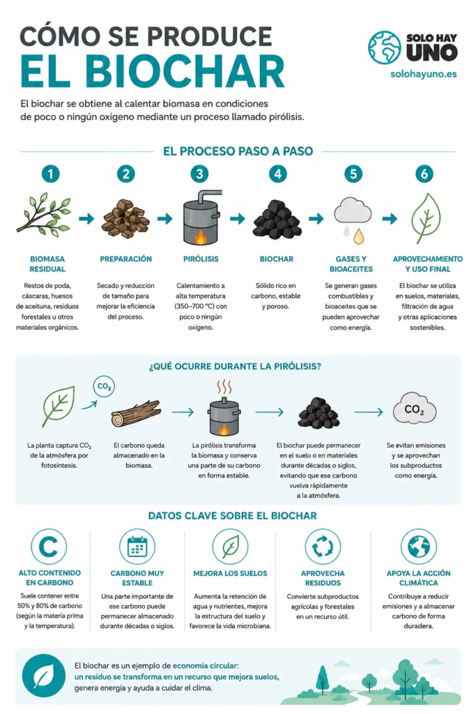 Biochar, ¿qué es y cómo convierte residuos en carbono estable? Sostenibilidad - Solo Hay Uno Qué es el biochar y cómo se produce - infografía