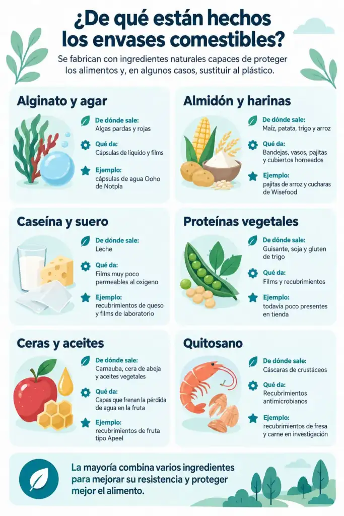 Termina tu café y cómete el vaso. Envases comestibles Sostenibilidad - Solo Hay Uno de qué están hechos los envases comestibles - Infografía