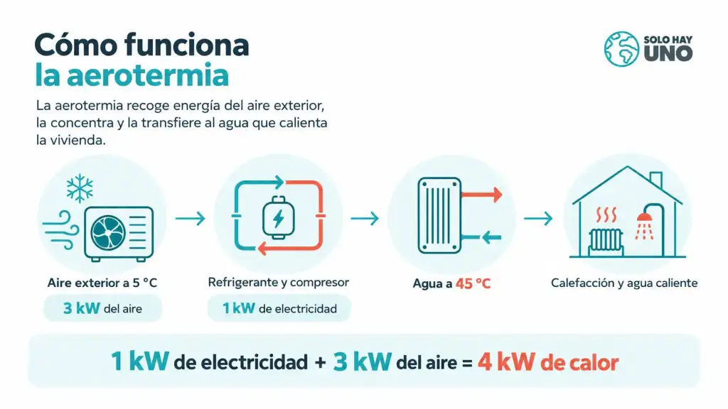 Qué es la Aerotermia y cuánto puedes ahorrar de verdad en casa Sostenibilidad - Solo Hay Uno qué es la aerotermia infografía de las fases de cómo funciona la aerotermia