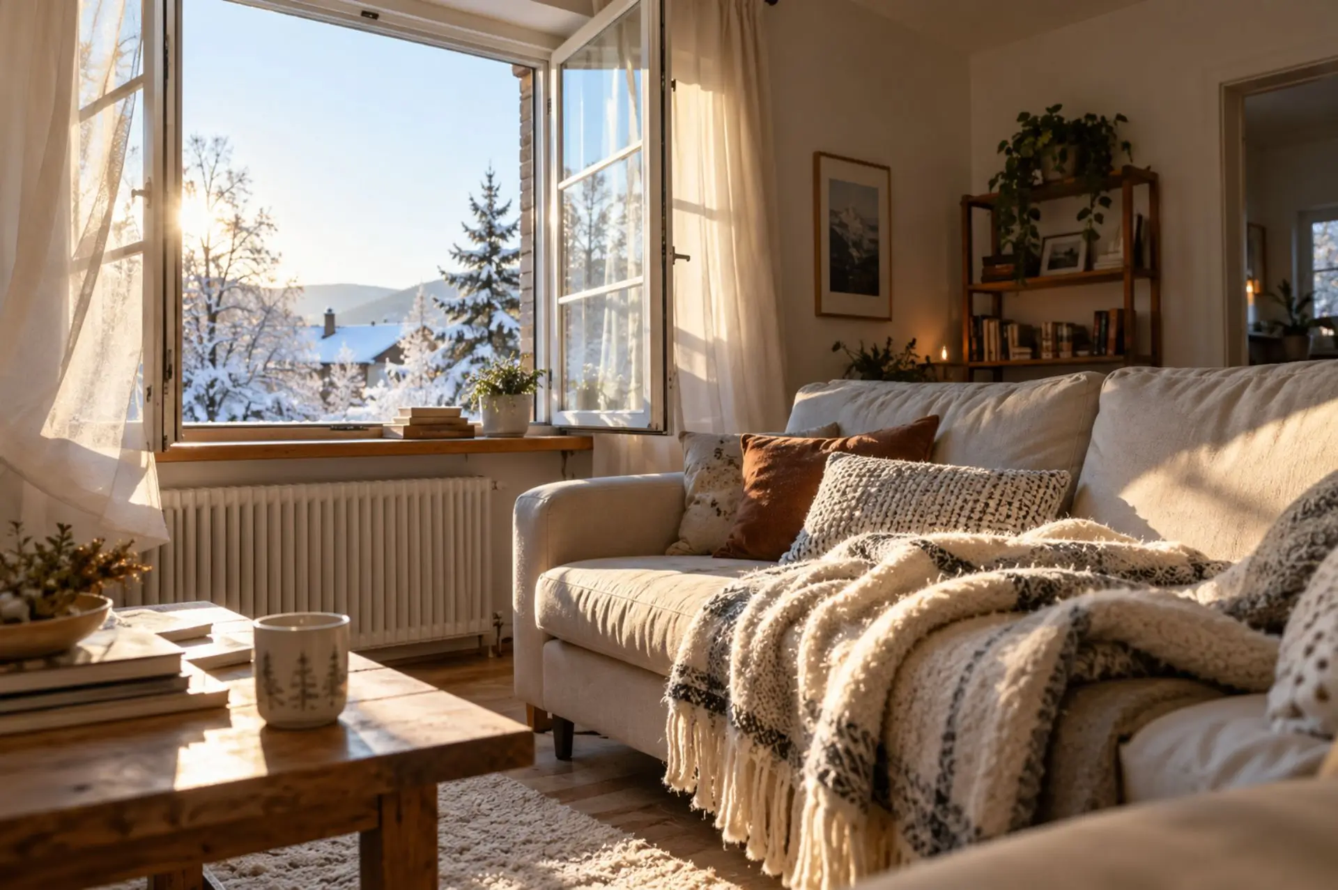 Imagen de un salón con la ventana abierta en invierno ventilando para mejorar la calidad del aire interior
