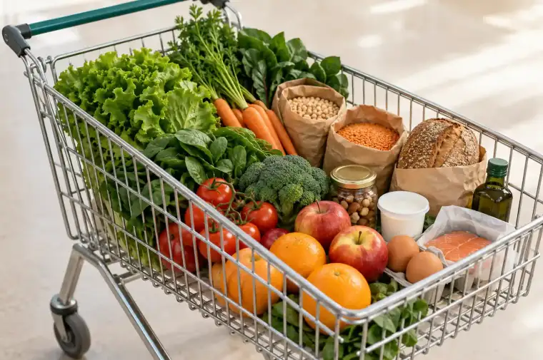 Carrito con productos vegetales, frutas, legumbres, aceite de oliva, para representar la dieta planetaria