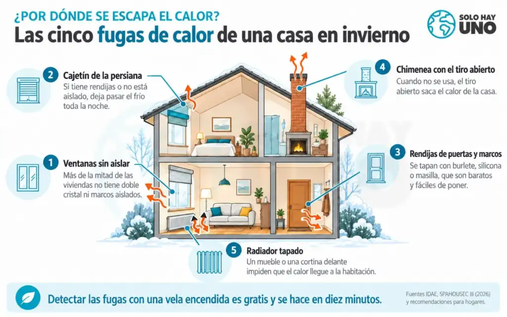 ¿Cómo ahorrar en calefacción en casa sin pasar frío este invierno? Sostenibilidad - Solo Hay Uno Infografía de una vivienda vista por dentro indicando por donde se va el calor de la calefacción en el hogar