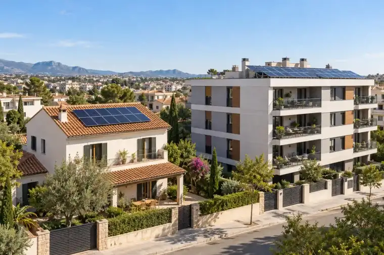 Instalar placas solares en casa y edificio - Imagen donde se ve desde arriba un edificio de pisos y una casa con instalación de placas solares en una zona residencial