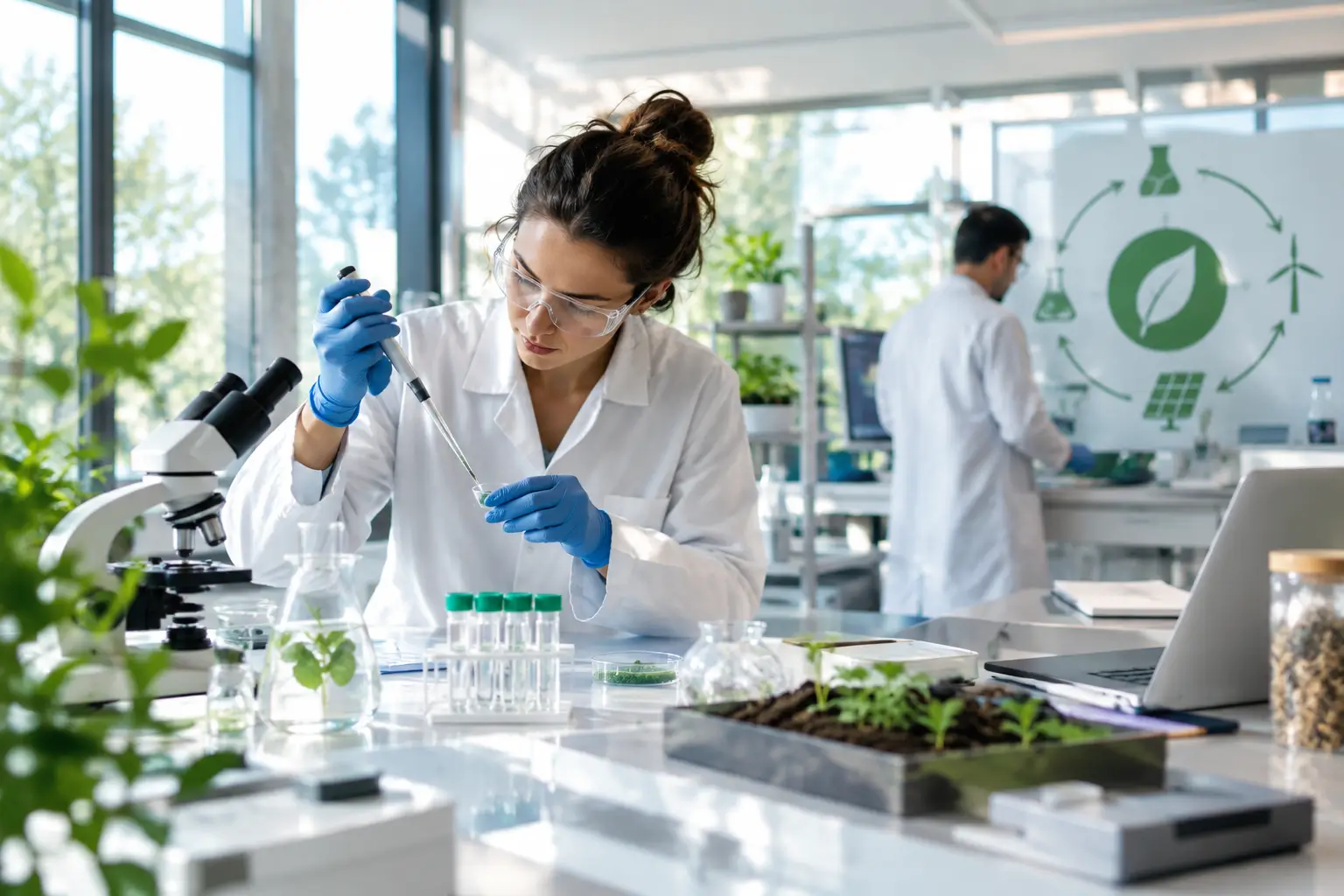 Laboratorio de innovación ambiental creado con IA se ven varios científicos analizando muestras