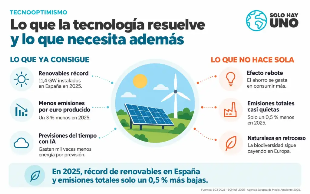 Tecnooptimismo ¿qué es y por qué no debemos esperar a que la tecnología lo arregle todo? Sostenibilidad - Solo Hay Uno Infografía sobre Lo que la tecnología resuelve