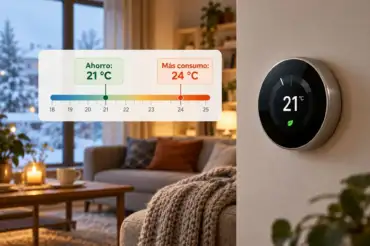 Imagen donde se ve un termostato inteligente a 21 grados para ahorro energético mientras por la ventana se ve un paisaje de invierno Cómo ahorrar en la calefacción