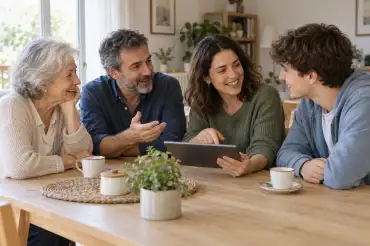 Grupo de personas de diferentes generaciones hablando sobre el tecnooptimismo