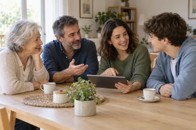 Grupo de personas de diferentes generaciones hablando sobre el tecnooptimismo