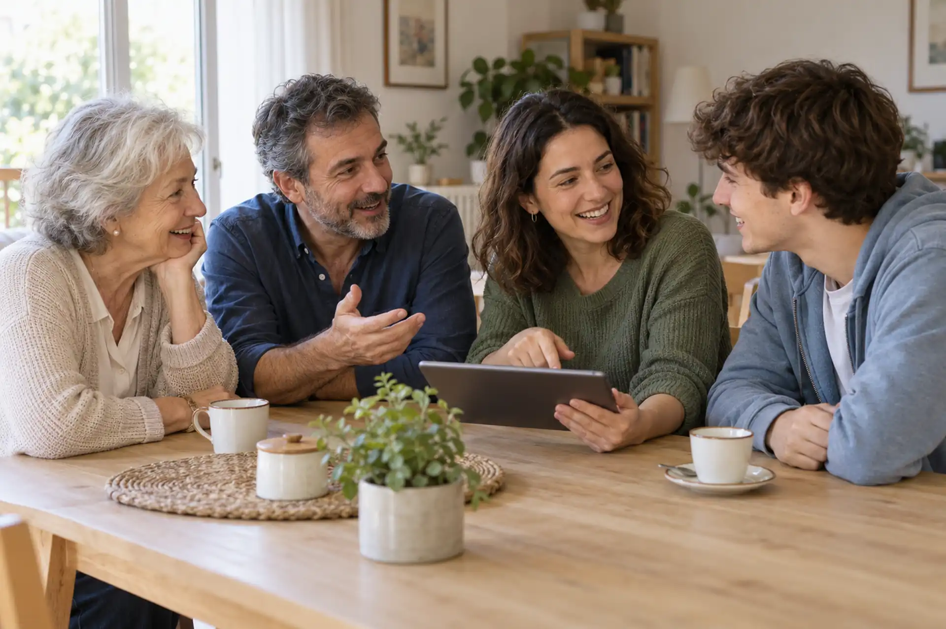 Grupo de personas de diferentes generaciones hablando sobre el tecnooptimismo